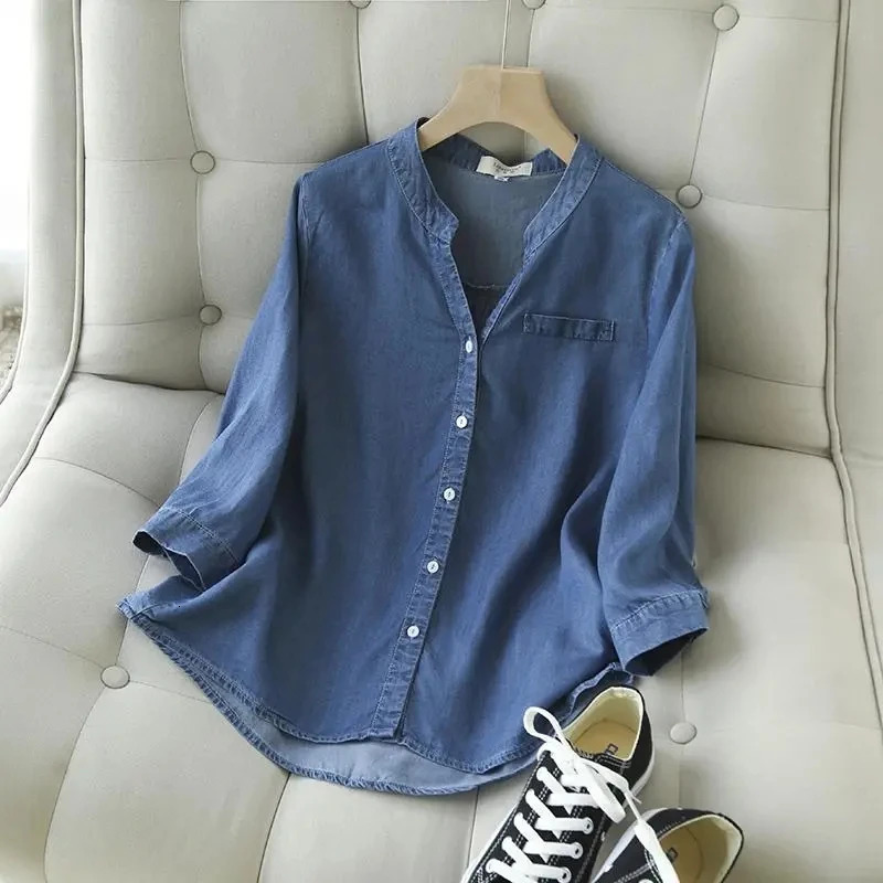 Blue denim Lyocell casual Vneck single chest quarter sleeved womens shirt Korean fashion top 250310
