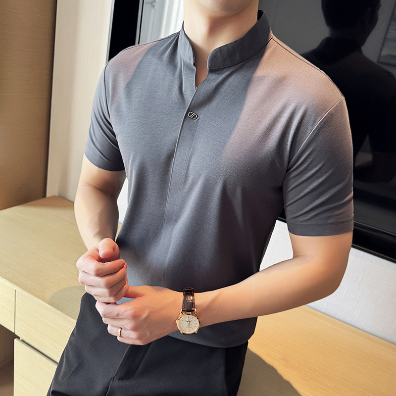 New Chinese style stand up collar with seamless drape and high elasticity, V-neck polo shirt, thin short sleeved t-shirt, 2025 summer new trend t shir