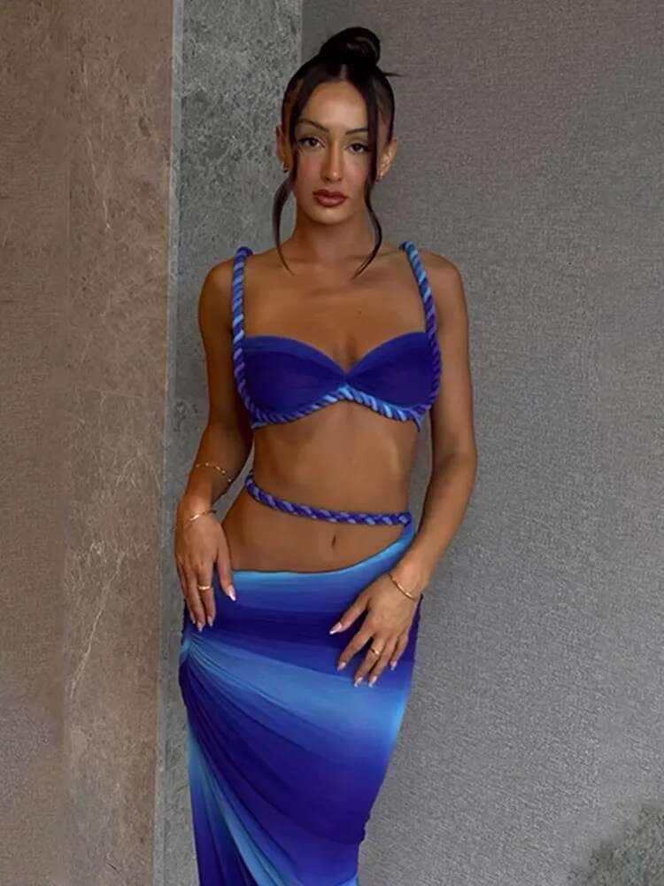 Sexy Women Summer Bikini Blue Contrast Vest Set Sleeveless High Waist Slim Fit Skirt Suit Beach Lady Chic Vacation Swimwear