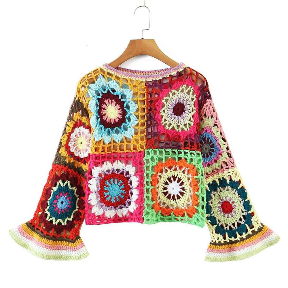 2023 Spring New Ethnic Style Color Contrasting Hook And Flower Hollow Fully Handmade Horn Sleeve Head Knitted Shirt For Women