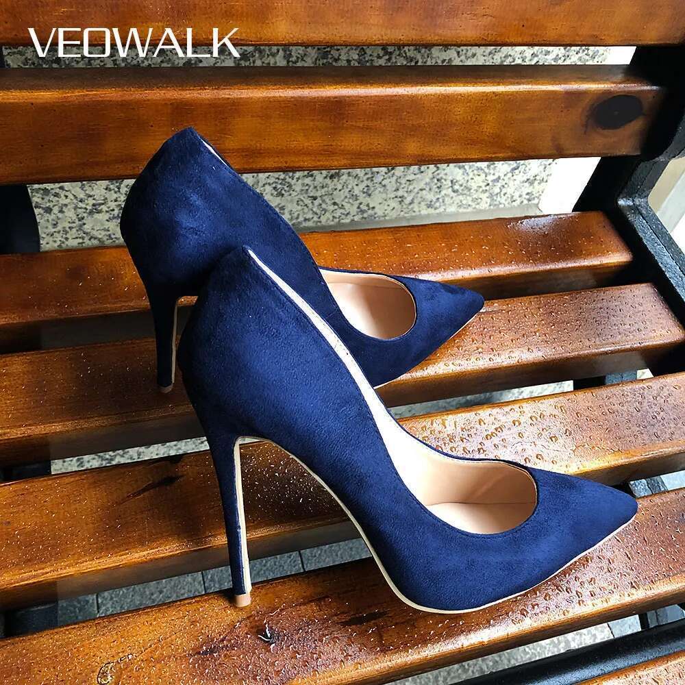 High Heel Veowalk Navy Blue Women Synthetic Suede High Heels Pointed Toe Slip On OL Ladies Stiletto Pumps Cm Fashion Wedding Shoes