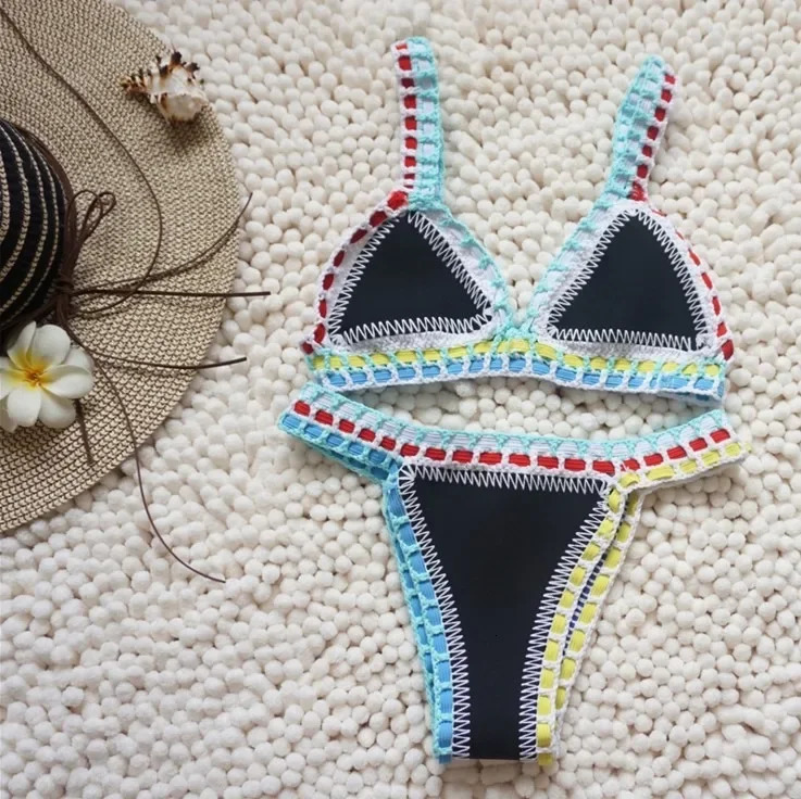 Women Black Velvet Crochet Bikini Set Sexy Triangle Swimwear Unique Bathing Suit Cute Swimsuit Fashion Beachwear Swimsuit 250310
