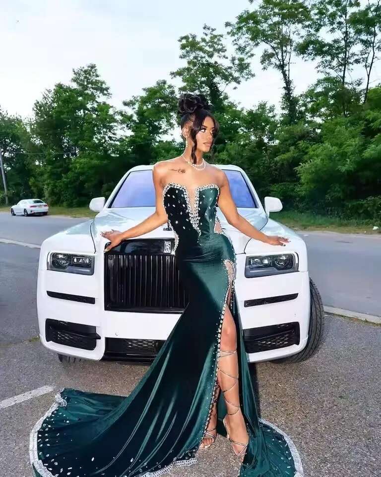 Customized Dark Green Veet Mermaid Prom Illusion Crystal Beading Side Split Evening Dress Birthday Party Guest Gowns
