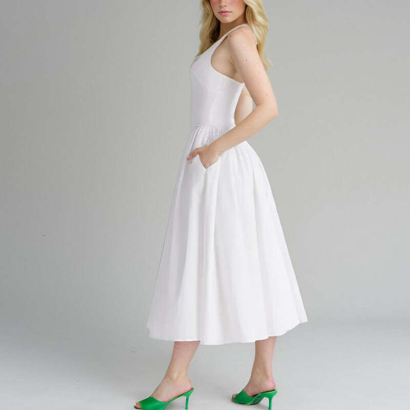 2025 Spring Women's New Sexy Fashion Hanging Neck Solid Color Sleeveless Waist Swing Dress KLMY