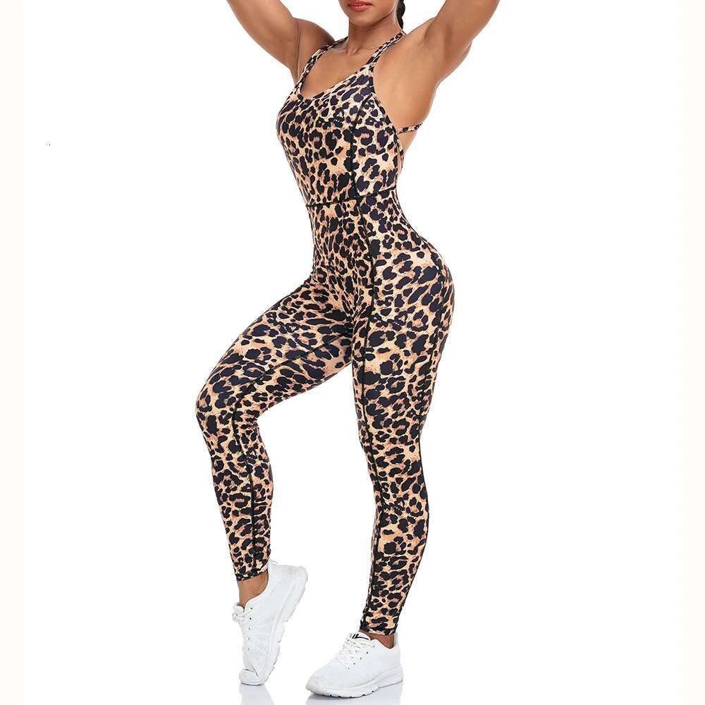 Sleeveless Leopard Print Bodysuit Women Sexy Backless Jumpsuit Long Pants Fiess Yoga Sports Suit Casual Clothes Female New In