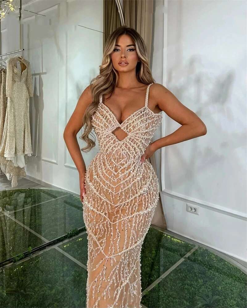 Women's Long Lantern Dresses Flattering Ball Gowns Spaghetti Ribbons Frissed Pearl Champagne Party Dress prom