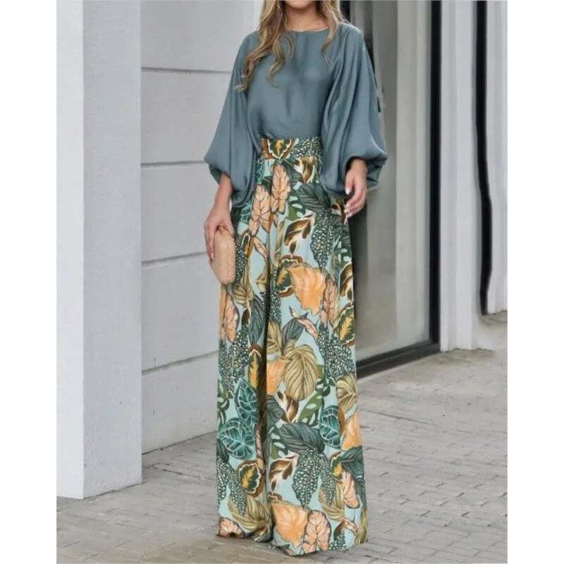 2024 Summer New Women's Clothing Lantern Sleeves Loose Top Printed Wide Leg Pants Two Piece Set Casual Ladies Trouser Outfit