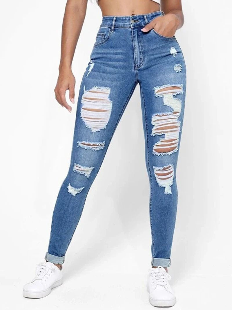 Ripped Holes Casual Skinny Jeans Autumn Slash Pockets Distressed SingleBreasted Button Mid Waist Denim Pants 250311
