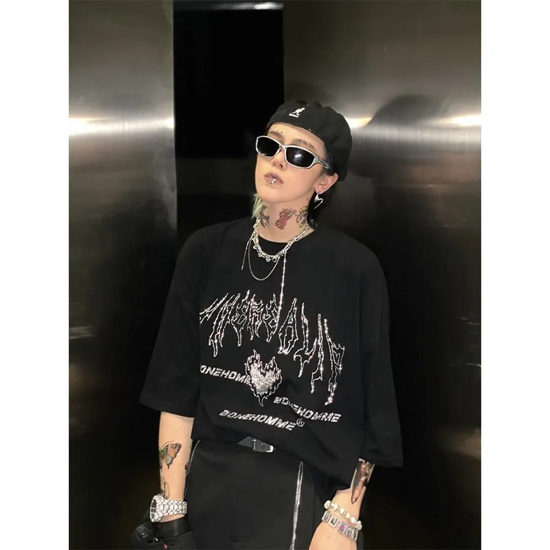 Streetwear American Vintage T Shirt Men Women Hip Hop Punk Rhinestone T-shirts Summer Short Sleeve Tops Tees Unisex Y2K Clothes 250310