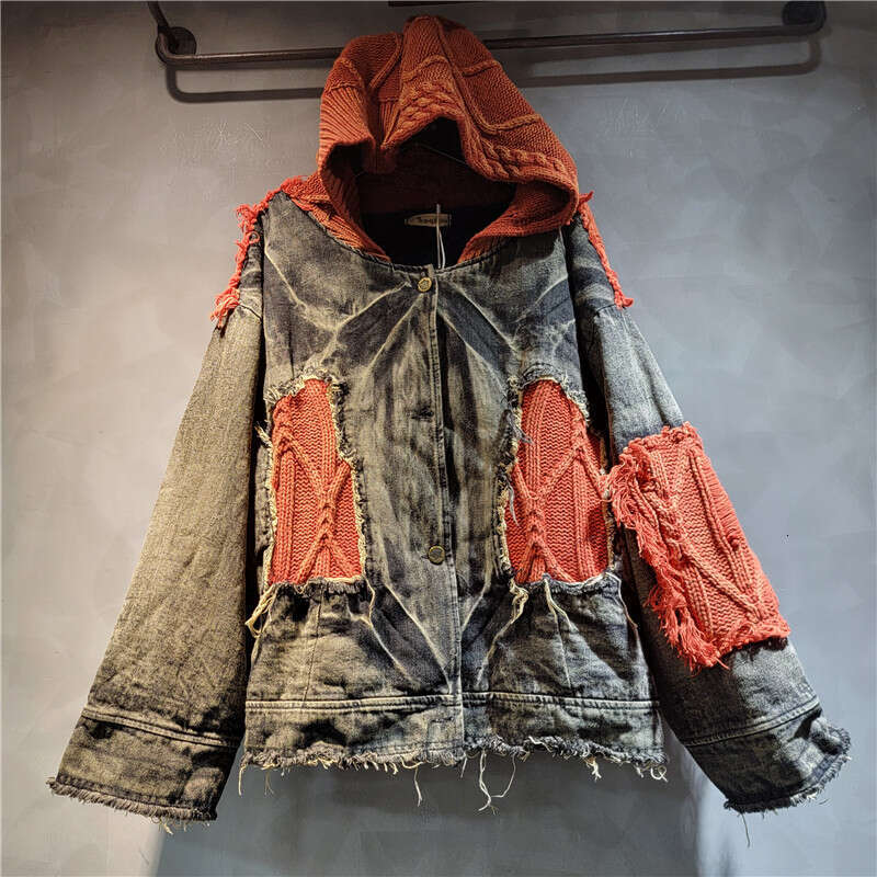 Personalized Distressed Denim Stitching Fried Dough Twists Wool Contrast Hooded Cardigan Thickened Plush Short Coat For Winter Women