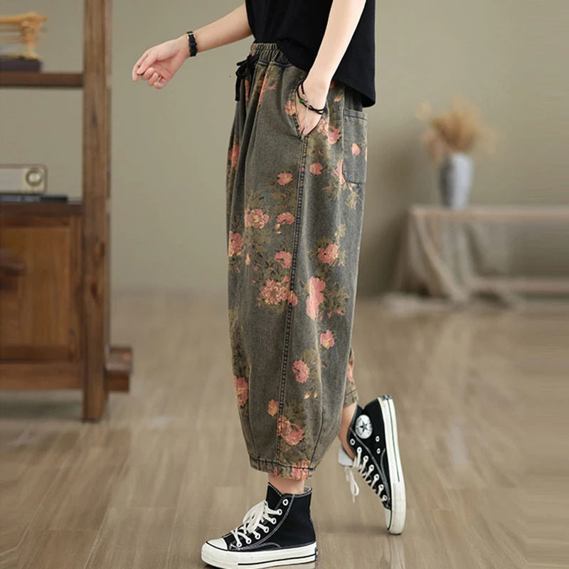 Womens Summer Casual Jeans Arrival Retro Style Flower Printed Loose and Comfortable Cowboy Harem Pants S010 250311