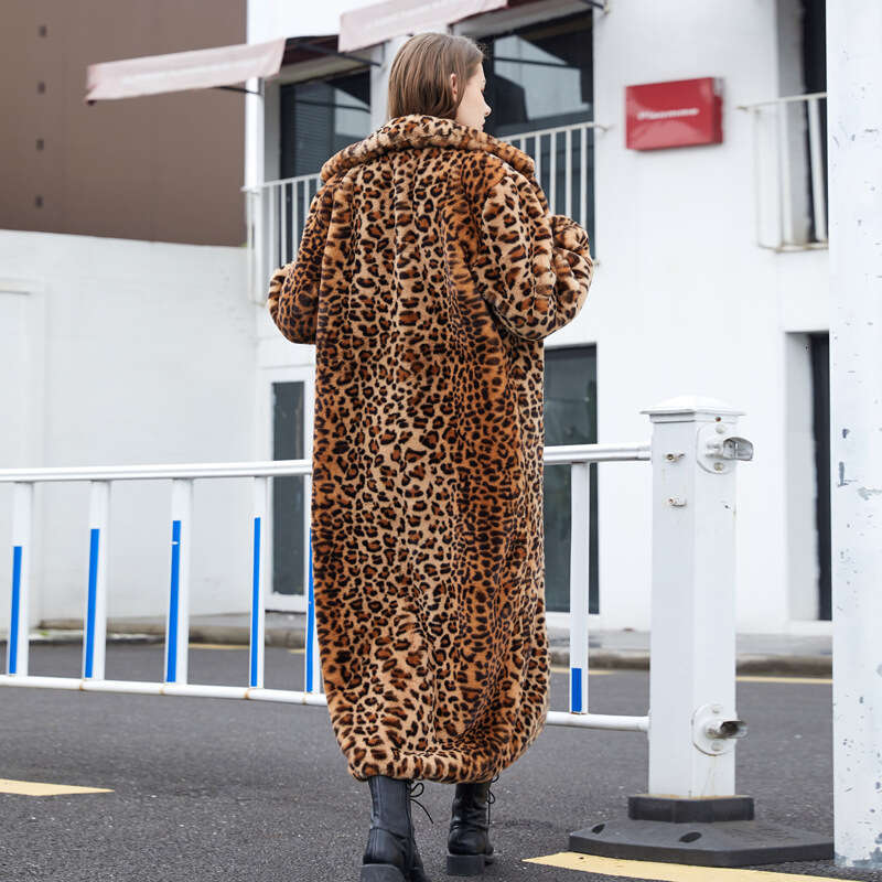 Fur Imitation Leopard Print Rabbit Extra Long Suit Collar Fur Jacket