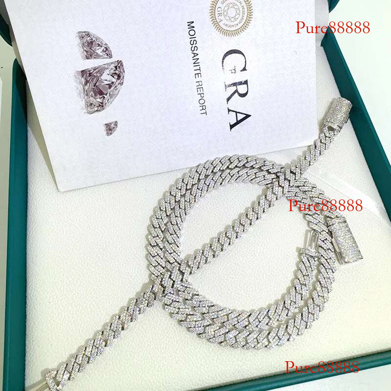 8MM Cuban Hiphop 2 Row D VVS Moissanite Dia Miami Chain Necklace Sterg Sier Pass Tester Gift