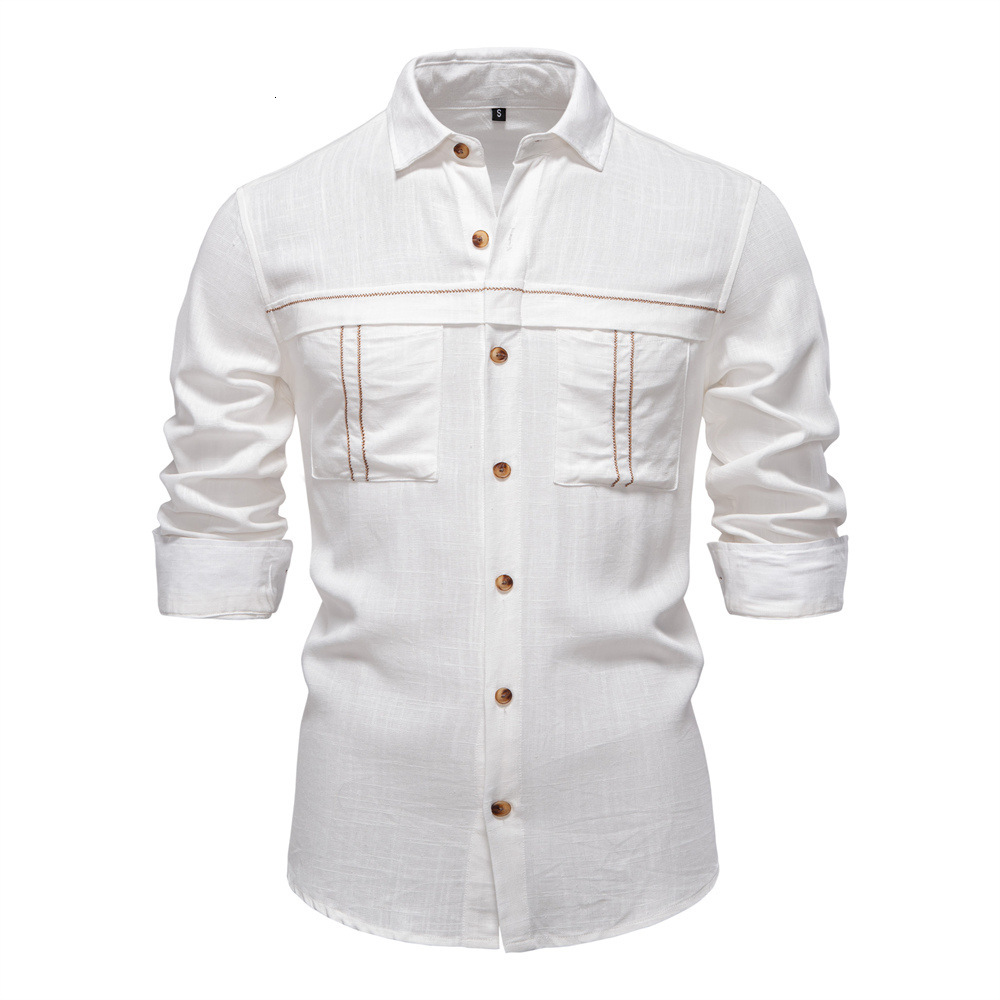 2025 Spring And Summer New Men's Casual European Size Solid Color Pocket Decoration Long Sleeve Shirt For Men
