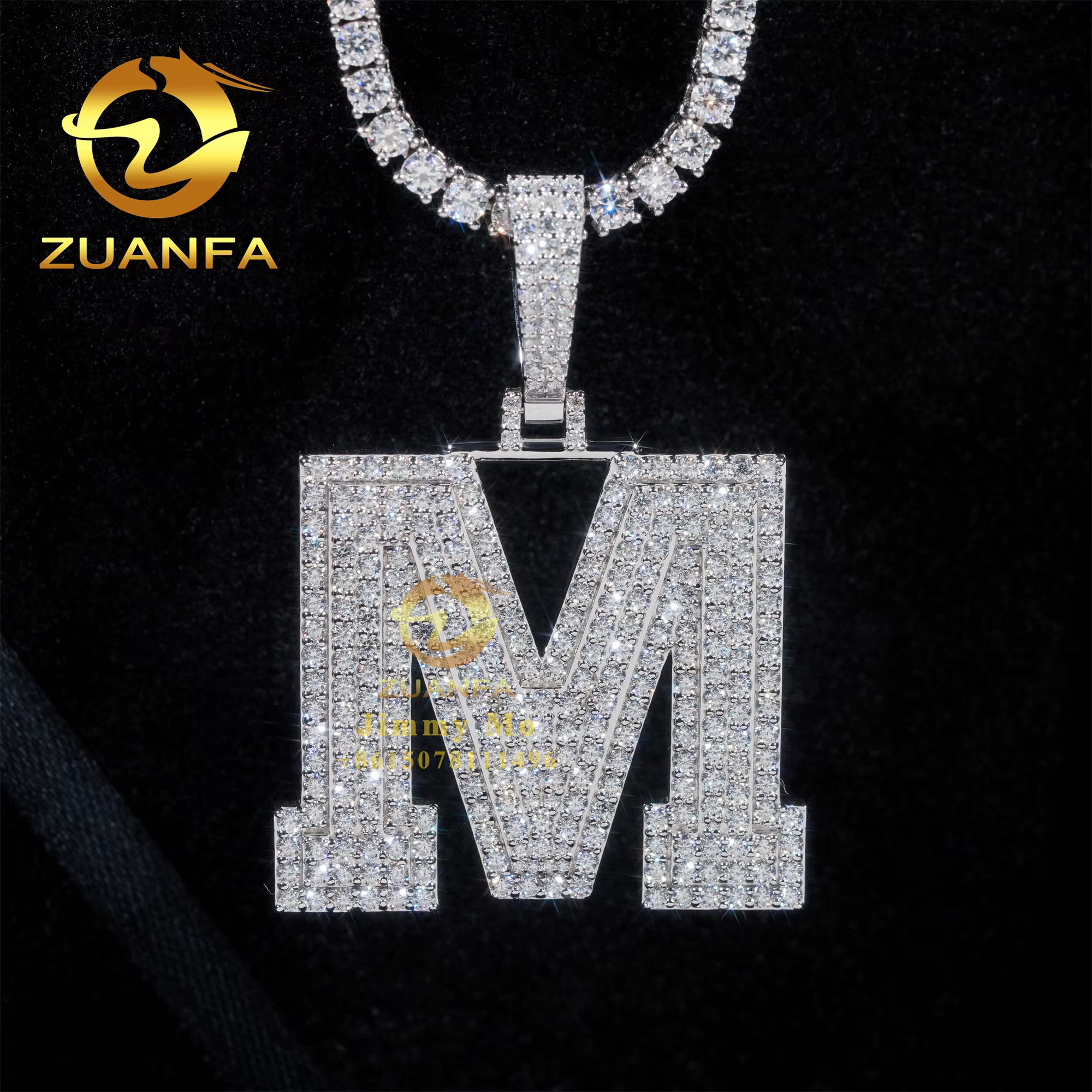 10k Real Gold New Customized Rapper Jewelry Iced Out Moissanite Necklace Pendant Hip Hop Letter M Initial Letter Pendant