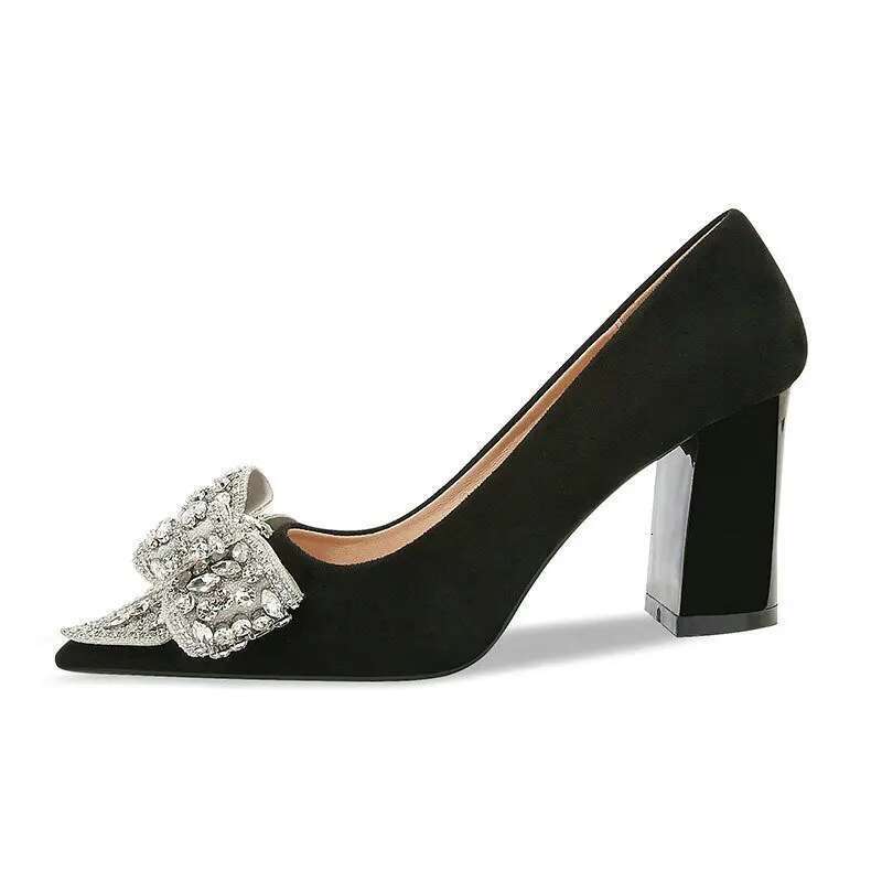 High Heel Spring New Black Suede Pumps Rhie Bow High Heels Professional Work Temperament Women S Single Shoes