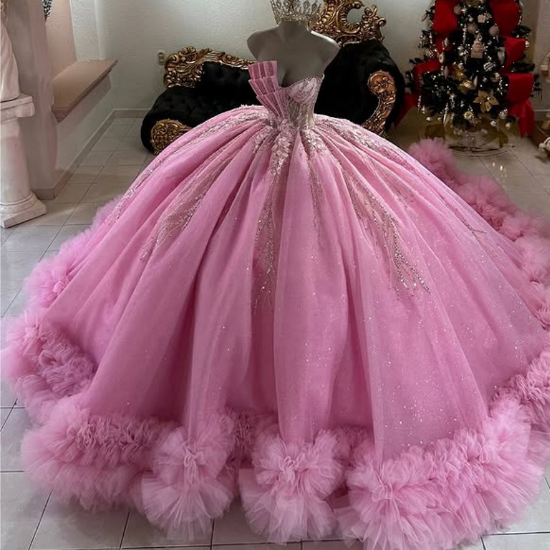 Pink Shiny Quinceanera Dresses Ball Gown Off The Shoulder Beading Crystal Tull Tiered Party Birthday Sweet 16 Dress Vestidos 15 De Anos