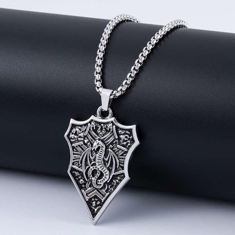Dragon Knight Badge Shield Necklace Trendy Punk Titanium Steel Personalized Men's Hip Hop Pendant Sweater Chain