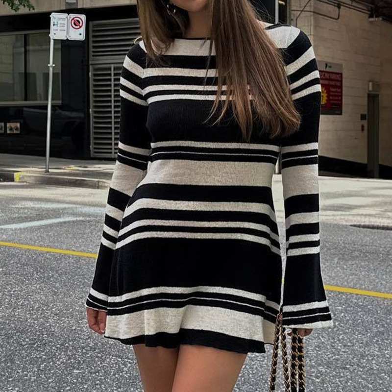 Women's Flared Sleeve Knitted Striped Perspective Slim Fit Sexy Backless Short Beach Dress