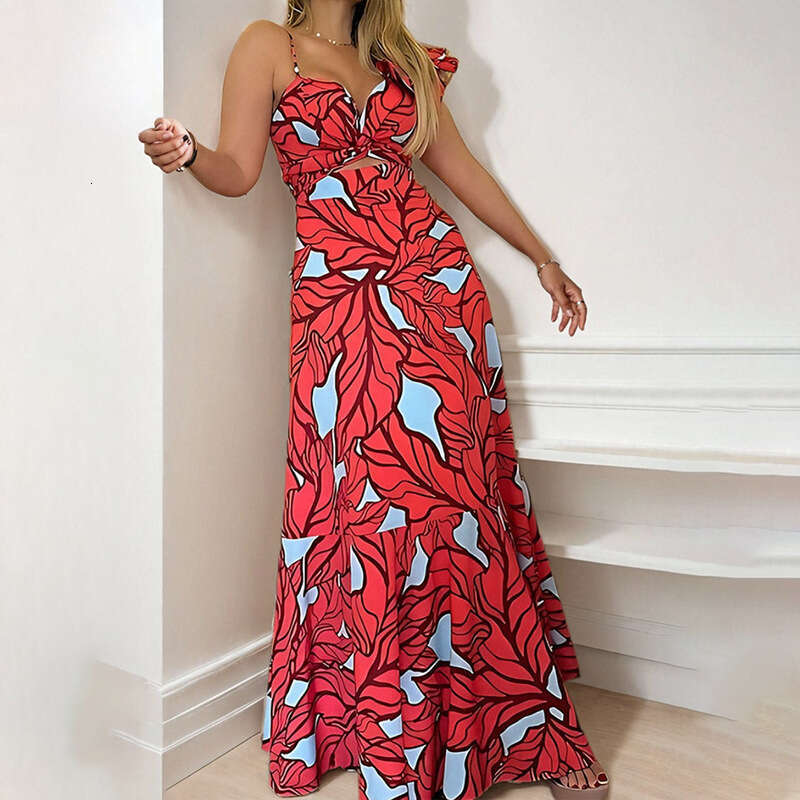 Women's 2025 New Style Elegant Sexy Printed High Waisted Long Skirt With Suspender And Hollow Out Dress KLMY