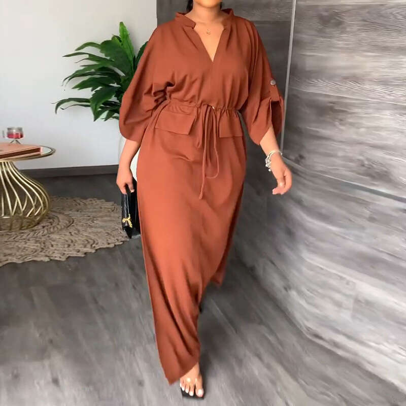2025 New Women's Clothing Temperament V-Neck Lace Up Waist Loose Casual Slit Spring Dress For Women KLMY