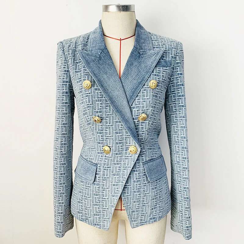 HIGH STREET Newest 2024 Designer Jacket Women's Double Breasted Lion Buttons Monogram Jacquard Denim Blazer