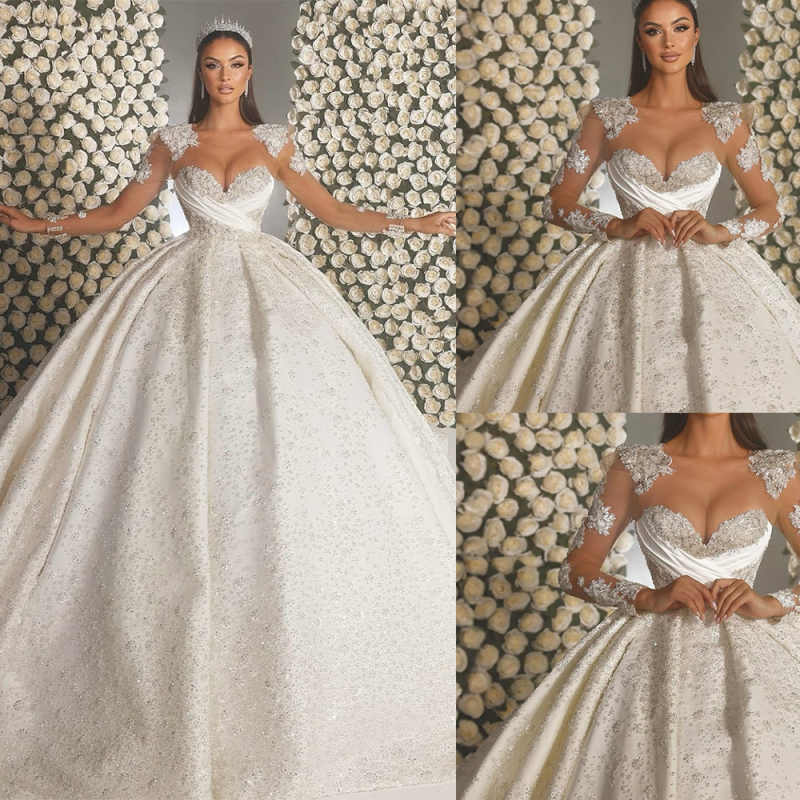 Exquisite Crystal Wedding Dresses Ball Gown Sweetheart Lace Appliques Beads Pearls Sequins Plus Size Court Gown Customized Special Occasion Vestidos D