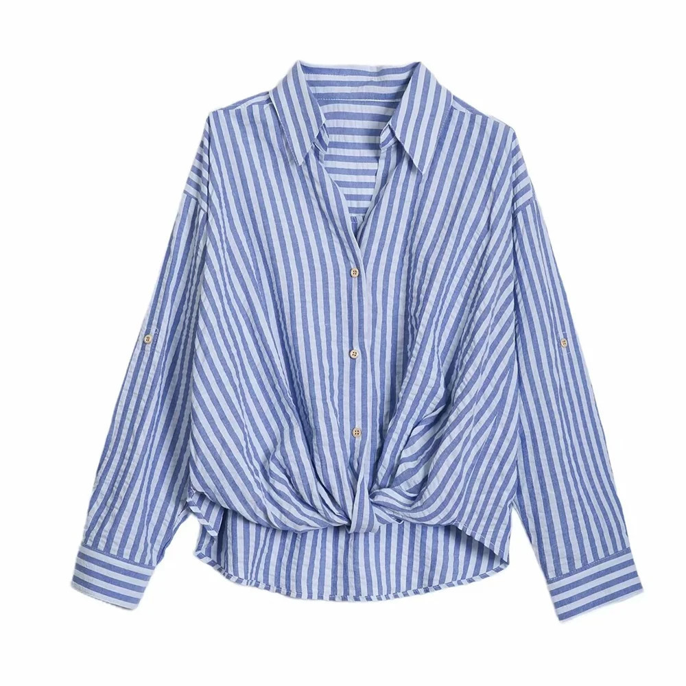 Summer Product Womens Casual Collar Curled Edge Long Sleeve Linen Blended Striped Dress Shirt 250310