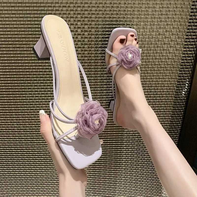 Womens Sandals Summer Fi Lace Flower Square Toe Womens Slippers High Heel Sandals Beac ZapatosXJ250311