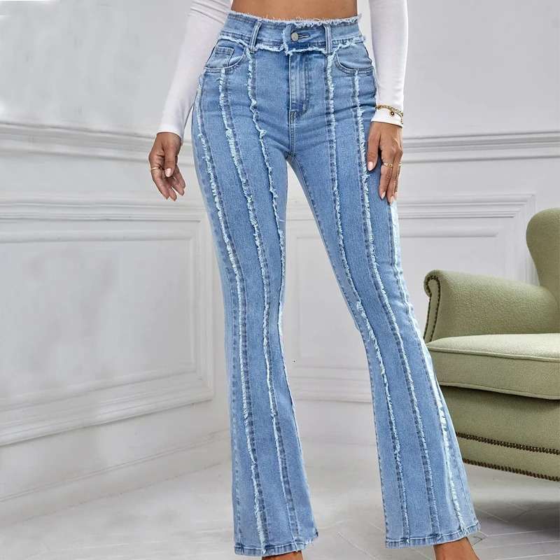 Flare Jeans Womens Tight High Waist Aesthetic Y2k Denim Trouser Retro Washing Mop Korean Fashion Street Shining 250311