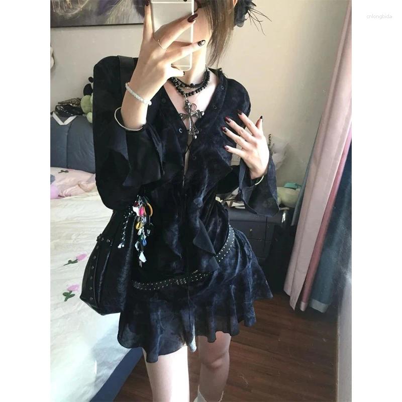 Casual Dresses Y2K Ruffles Mini Dress Women Haruku Vintage Bandage Summer Gothic Aesthetic Sexy V Neck Long Sleeve Bodycon Vestidos