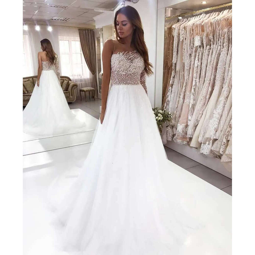 White Sweet Wedding Dresses Sexy Sheer Jewel Neck Beads Sequined Top A E Party Bridal Reception Gowns Women Formal Vestidos Custom Made BC