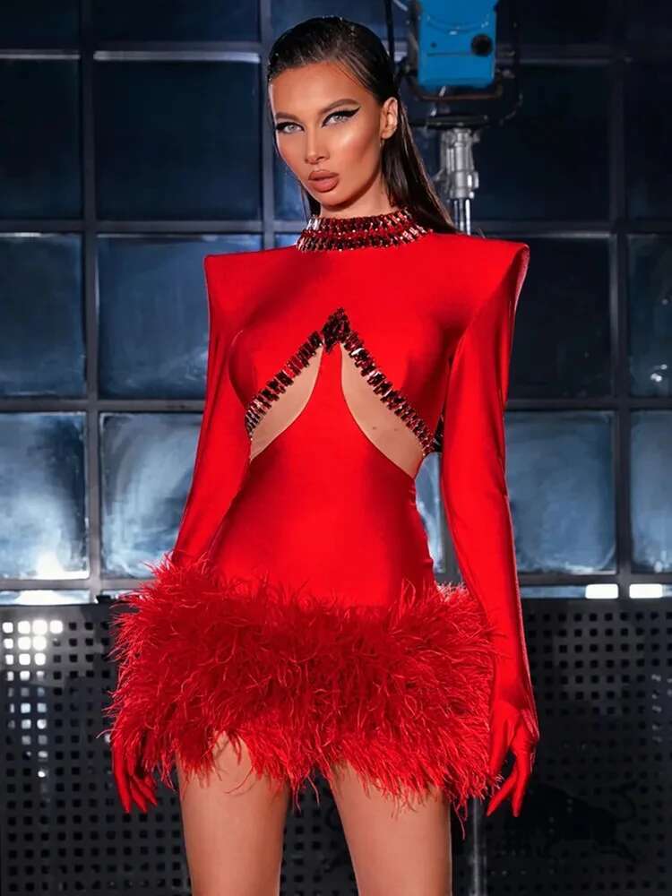 Women Sexy Long Sleeve Beading Feather Red Mini Bandage Dress Celebrity Elegant Evening Party Club Clothing