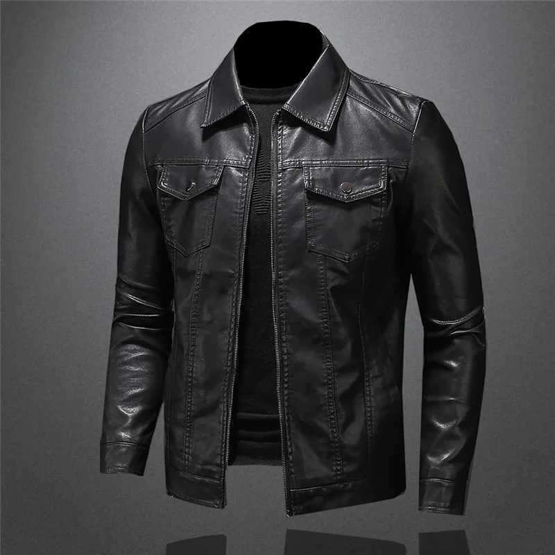 Mens Motorcycle Leather Jacket Large Size Pocket Black Zipper Lapel Slim Fit Male Spring and Autumn High Quality Pu Coat M-5XlT250311