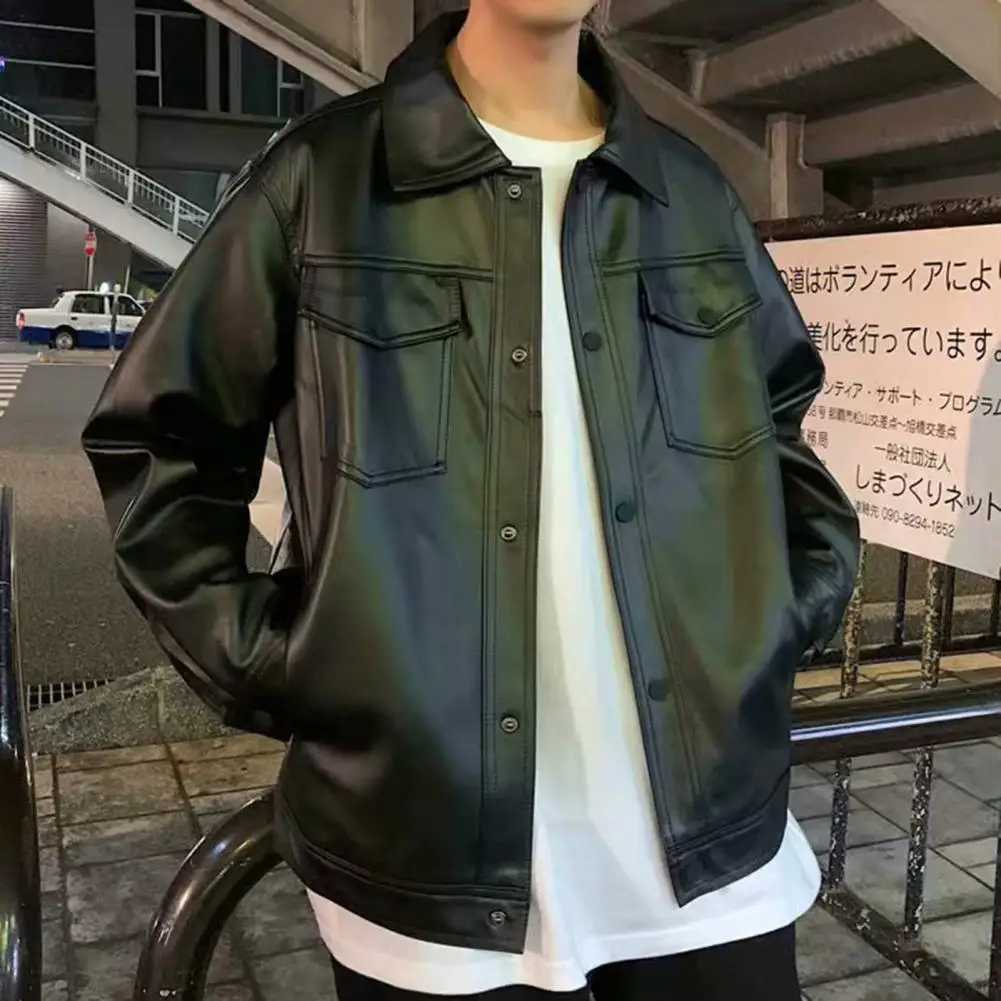 Faux Leather Men Jacket Motorcycle PU Jacket Turn-down Collar Men Retro Leather Jacket Long Sleeves Black Male Casual CoatT250311