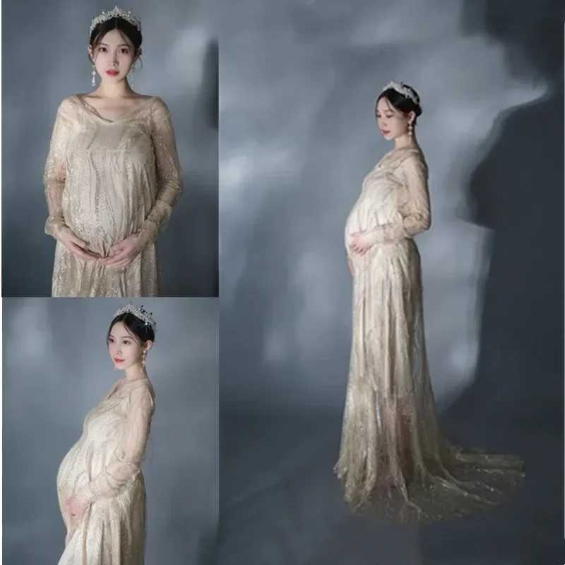 Pregnant Women Photography Props Perspective Dress Maternity Dresses Full Sleeves Pregnancy Dress For Photo Shoot Maxi GownT250311