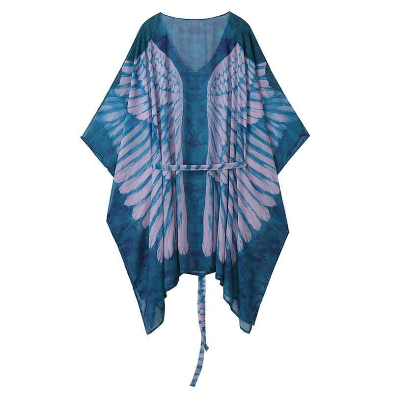 Beach Sun Protection Clothing With Loose Printed Angel Wings, Knitted Bikini, And Beach Cover