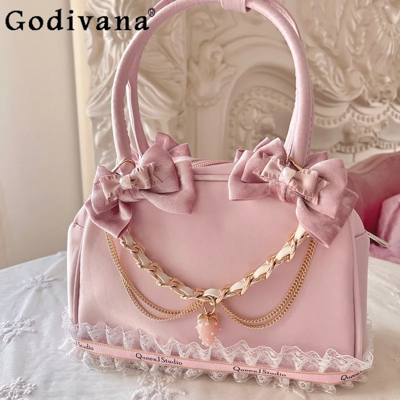Japanese Sweet Cute Pink Handbag Womens Fashion Versatile Bow Chain Shoulder Bag Plush Cosmetic Bags Hair Accessories Hairpin 250311