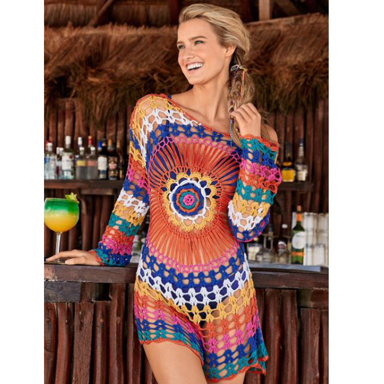 Handmade Crochet Rainbow Beach Knitted Hollow Out Loose Long Sleeved Bikini Swimsuit Cover, Outer Layer