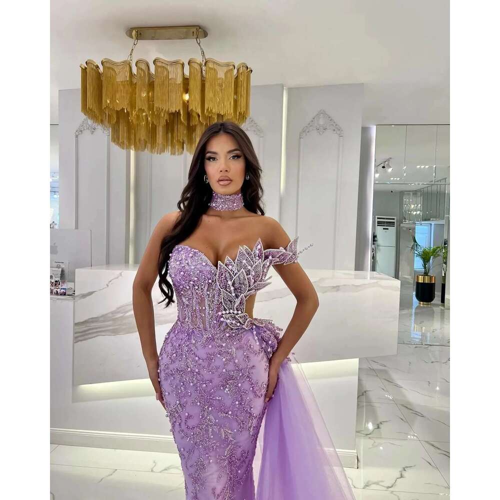 Stunning Purple Mermaid Evening Dresses, Leaf Beading, Shoulder Ball Gown, Side Train, Custom, Formal Dress, Elegant