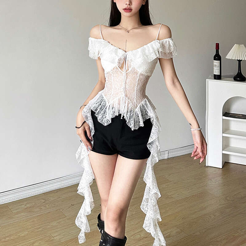 European and American style summer women's solid color slim fit hollow perspective sexy one neck suspender short sleeved top 2025 new casual vers