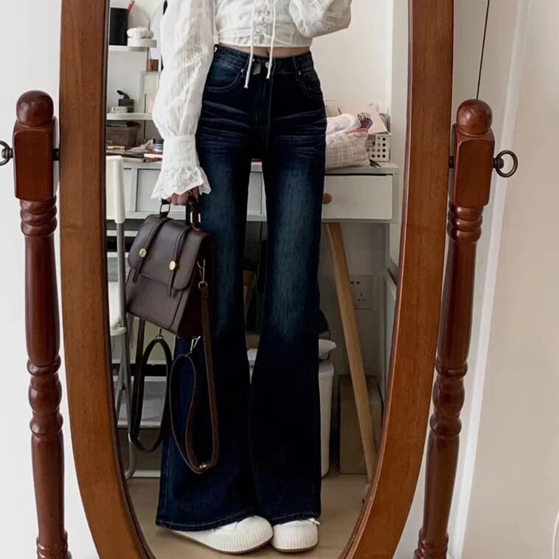 Womens Fashion Vintage Dark Blue Flare Jeans Female Low Waist Bell Bottom Pants Girls Stretch Streetwear Denim Trousers 250311