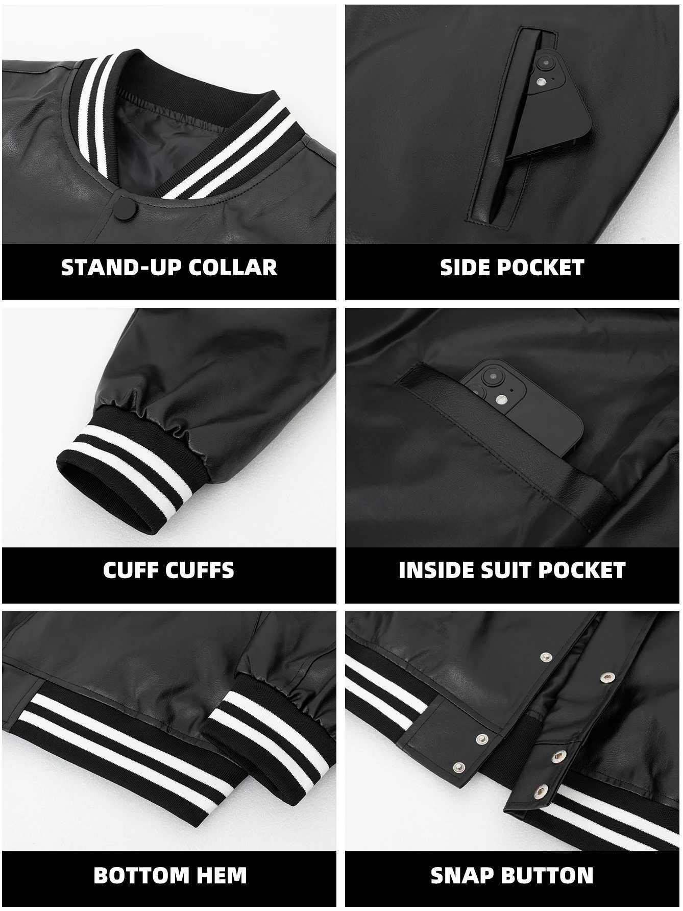 Mens Faux Leather Varsity Jackets With Embroidered Patches Motorcycle Black Windbreaker Bomber Jacket Men for Fall winterT250311