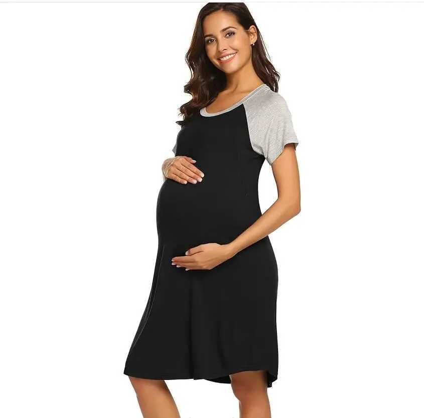 Autumn Summer Nursing Color blocking Breastfeeding Dress Nightgown Women Maternity Hospital Gown Breastfeeding Sleepwear DressesT250311