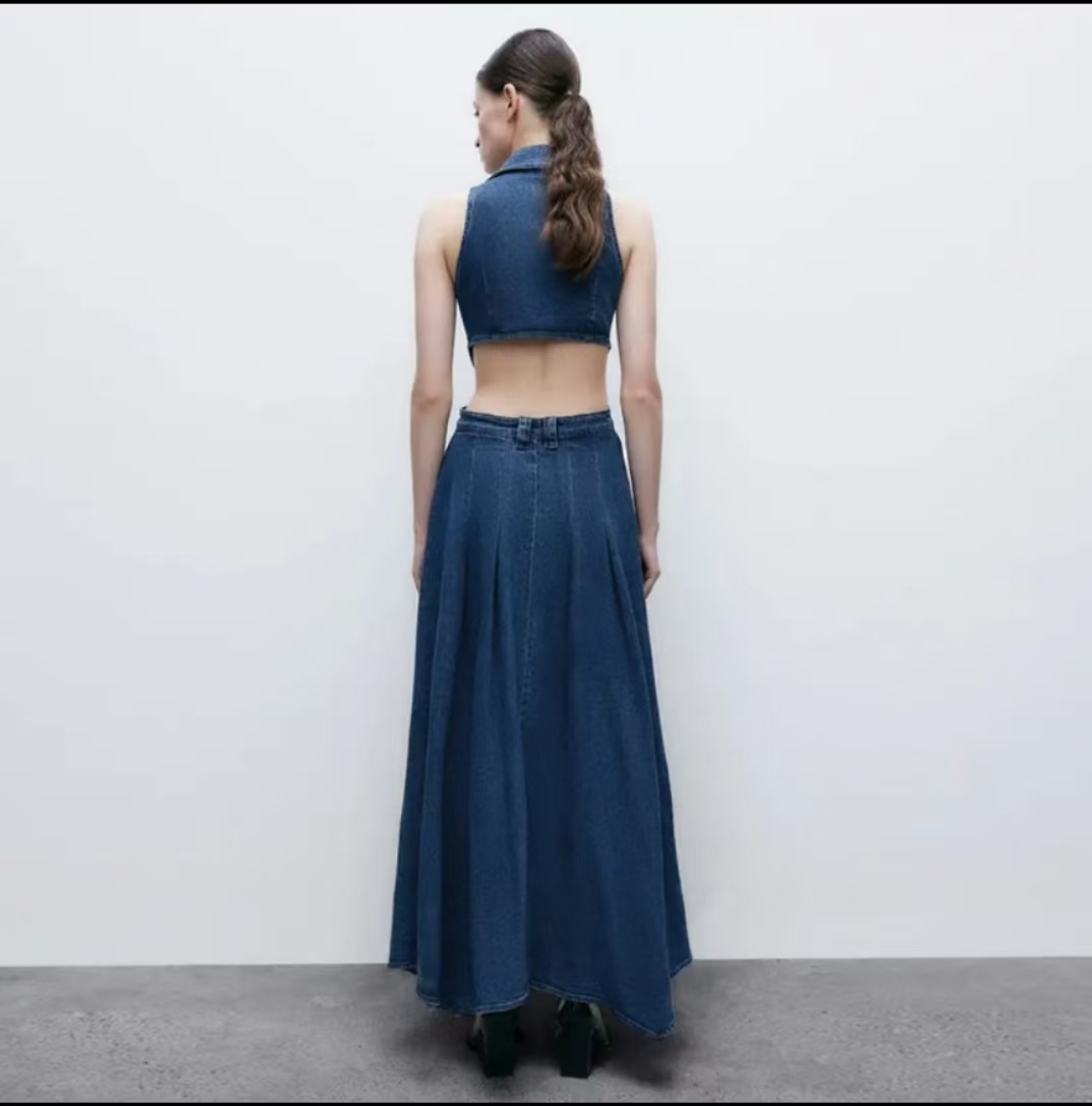 Women's Casual Denim Dresses Fashion Lapel Sleeveless Cut-Out Sides Slit with Big Pockets Women Lapel Hollowed Out Open Waist Waistband Slim Slee