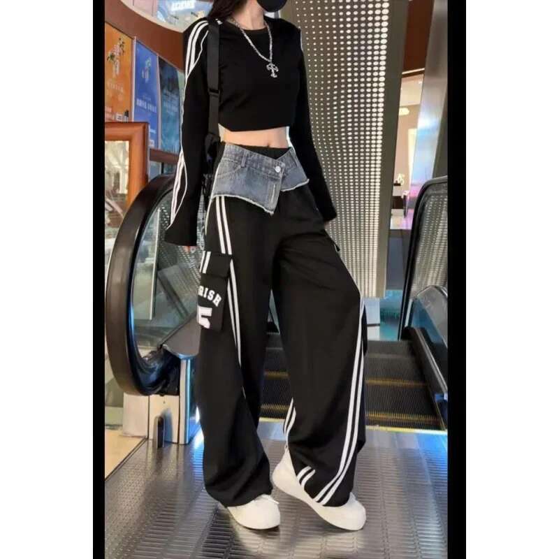 American Style Trendy Denim Two-Piece Illusion Cargo Pants Women's Autumn New Fashion Striped Multi-Pocket Bell Bottoms Casual P