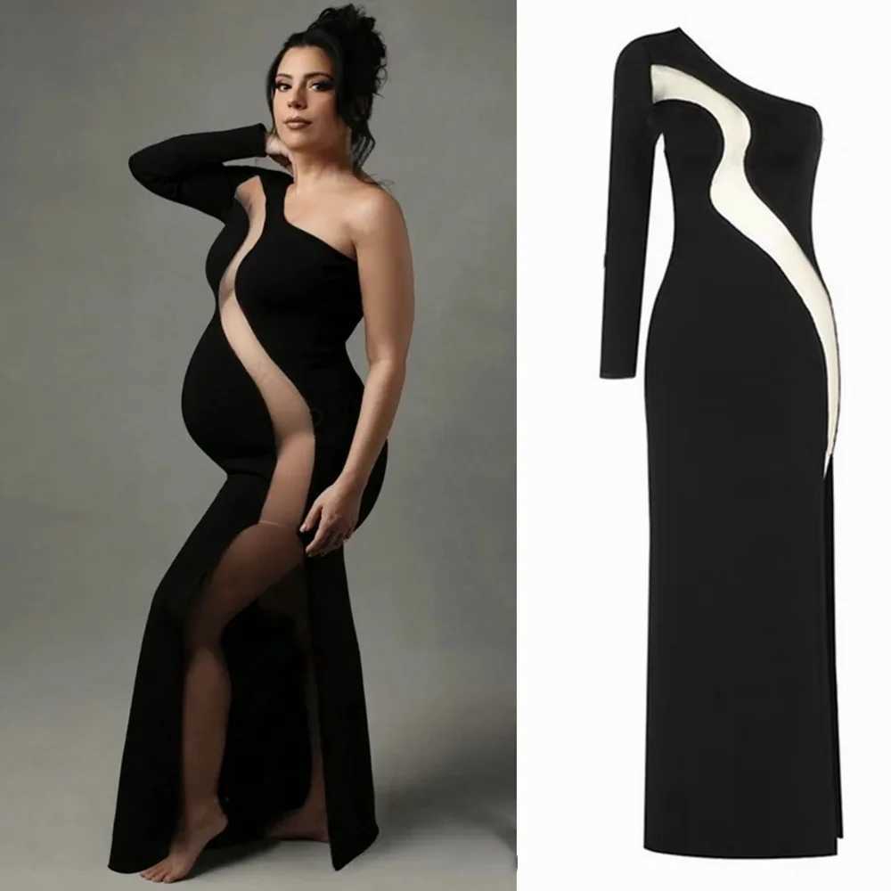 Stretch Maternity Photoshoot Dress Sexy Black One Shoulder Evening Gowns Elegant Long Sleeve Pregnant Women Photography Outfit X250224