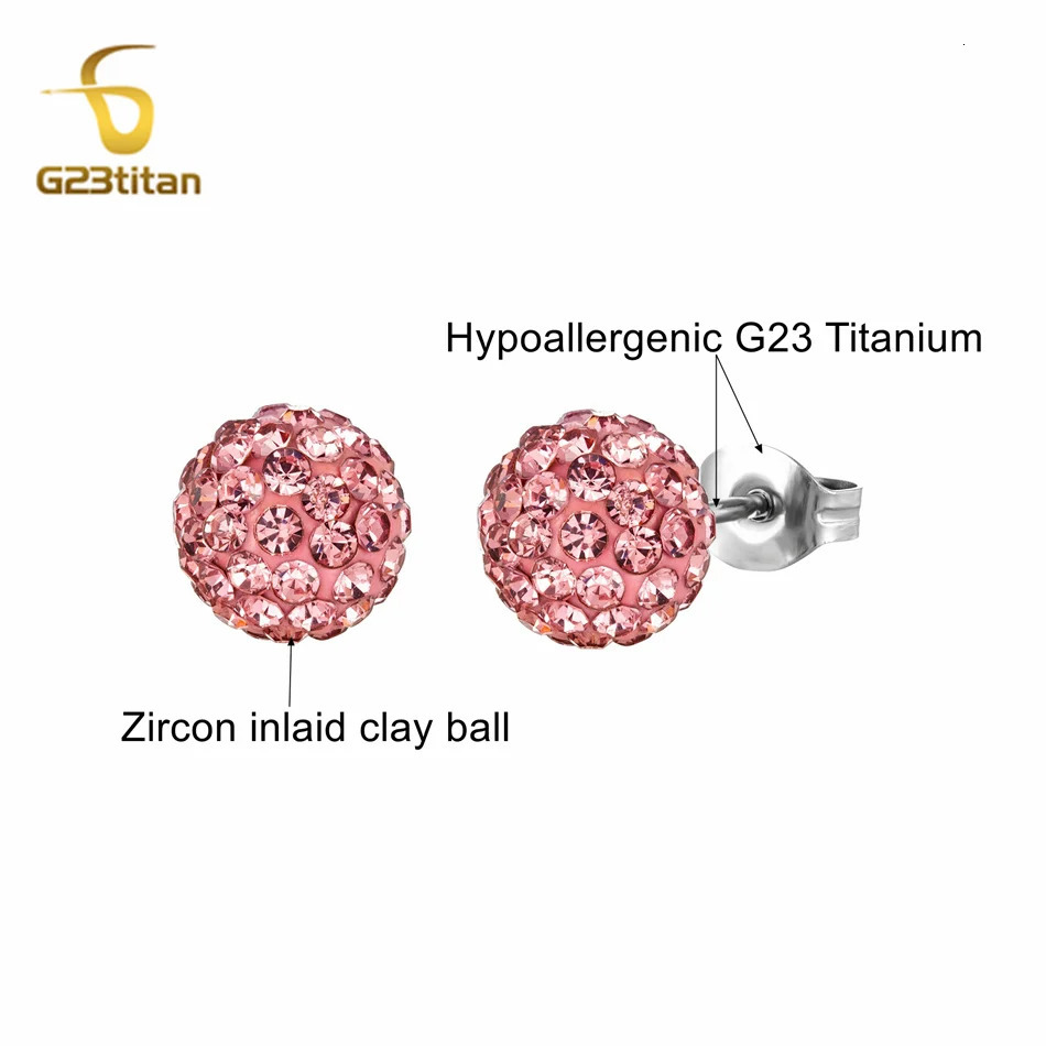 Rose Pink Crystal Clay Bead Earrings Shambhala Micro Pave Ball Hypoallergenic Ear Piercing Women Jewelry 250213