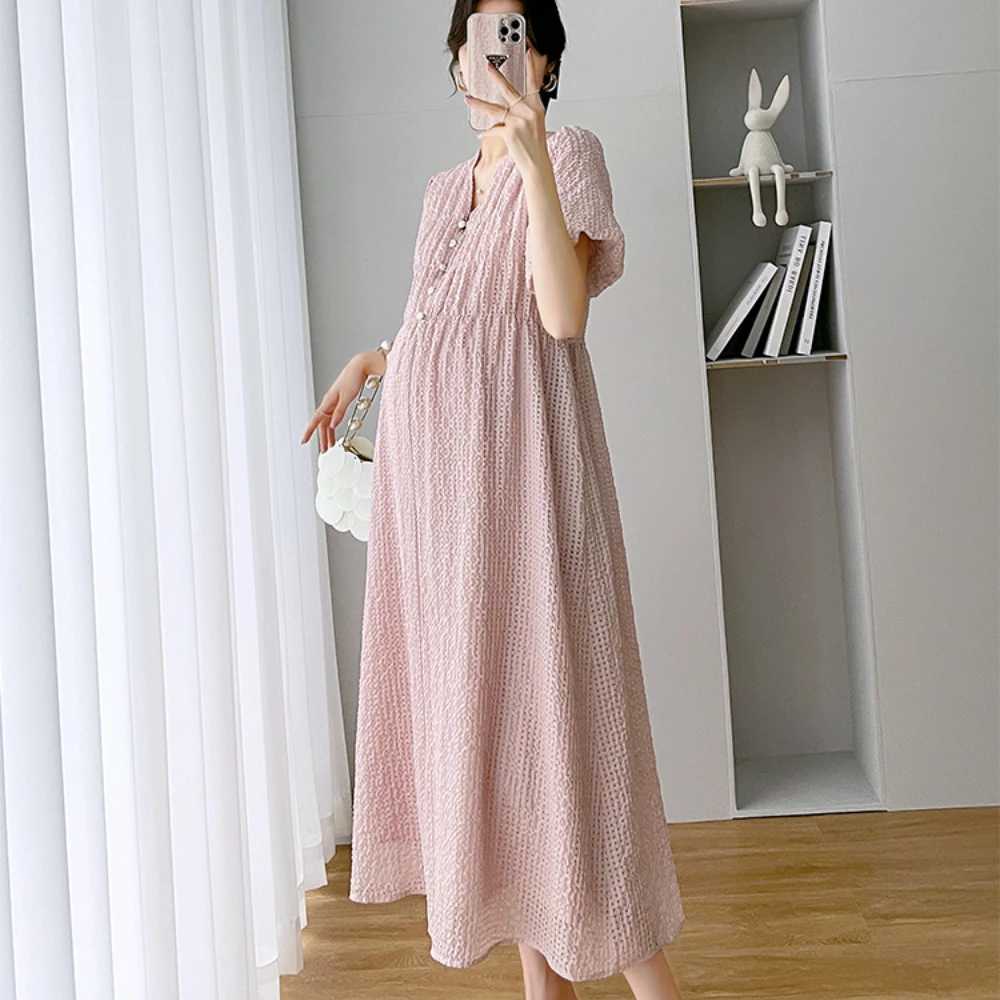 Summer Maternity Women Dresses V-neck Short sleeved Pregnant Womens Dress Pink Sweet Pregnant Women Dress Maternity Maxi DressT250311