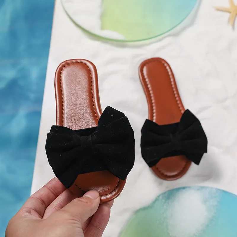 Summer Girls Slippers Flat Bowtie Sweet White Beige Children Sliders Light Slip-on Fashion Leisure Vacation Kids Sandals 26-36T250311